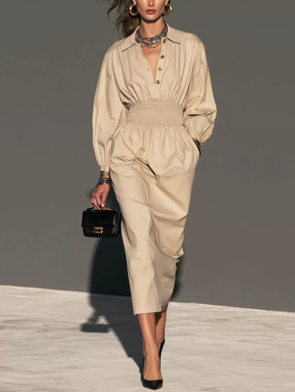 ZARA French Collar Shirred Waist Shirt Dress Women Fall Long Sleeve High Waist